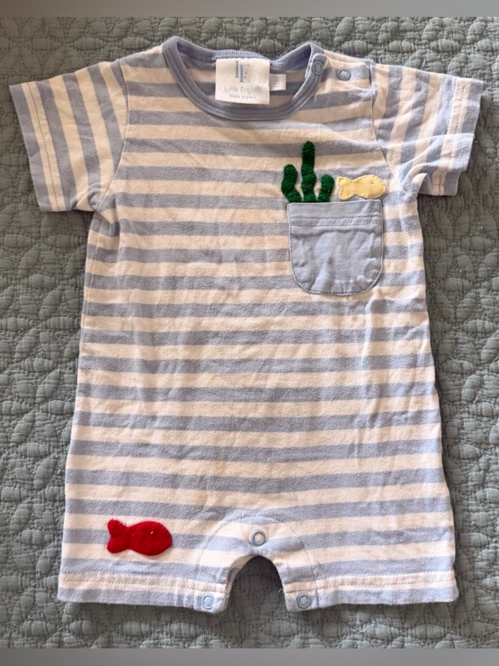 Little English Light Blue and White Striped Cotton One-Piece with Fish Appliqués